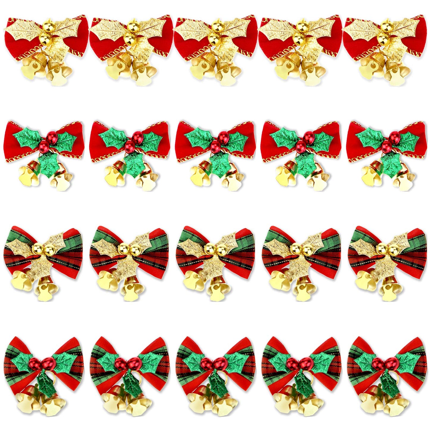 Pistha 20 Pcs Christmas Mini Bow with Bells, 4 Styles - Traditional, Rustic, Whimsical, Minimalist - Red, Green, Gold - Christmas Ornaments