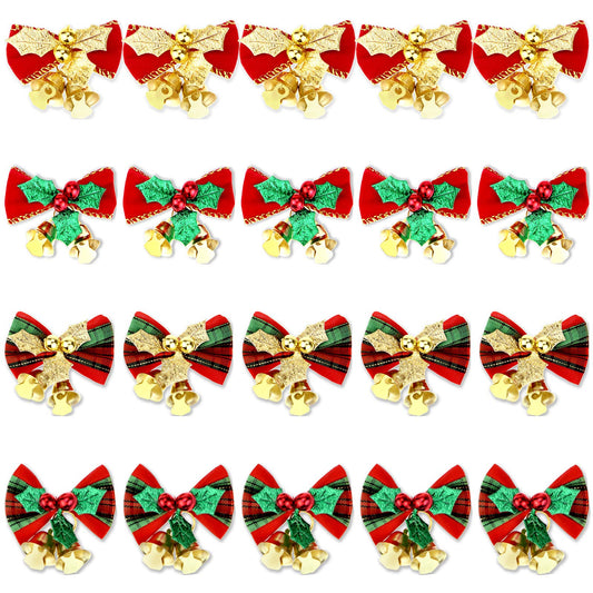 Pistha 20 Pcs Christmas Mini Bow with Bells, 4 Styles - Traditional, Rustic, Whimsical, Minimalist - Red, Green, Gold - Christmas Ornaments