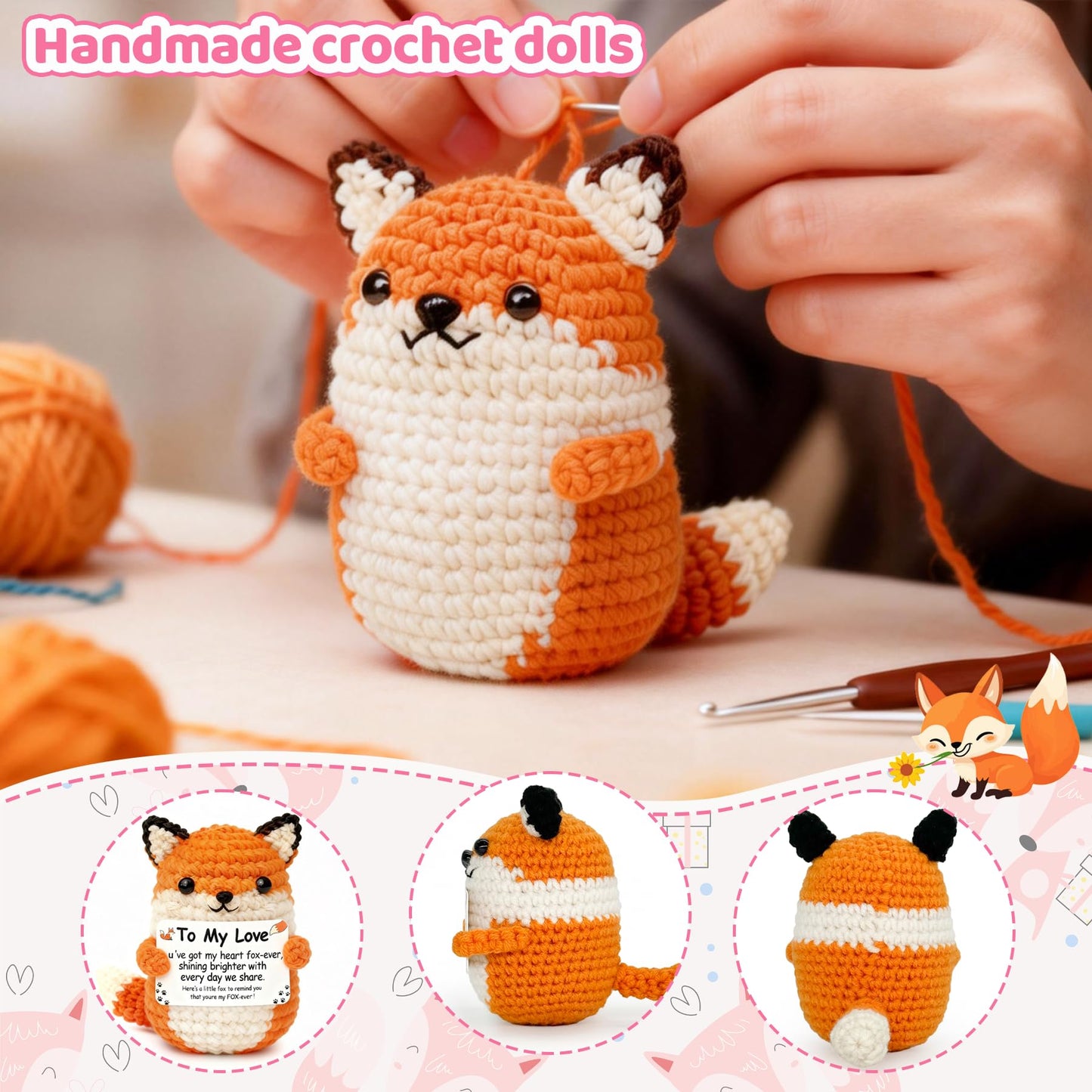 Handmade Crochet Fox - Romantic Emotional Support Gift for Husband, Wife, Boyfriend, Girlfriend - Anniversary, Valentine's Day, Xmas, Birthday Present for Him or Her - Cute Knitted Décor Keepsake