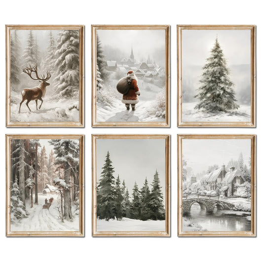 QBZWART Vintage Christmas Canvas Wall Art, 6 Piece Unframed Set, 8x10 Inch, Farmhouse Style Winter Prints with Santa, Reindeer, Holiday Scenes for Living Room Decor (8x10Inch, Unframed)