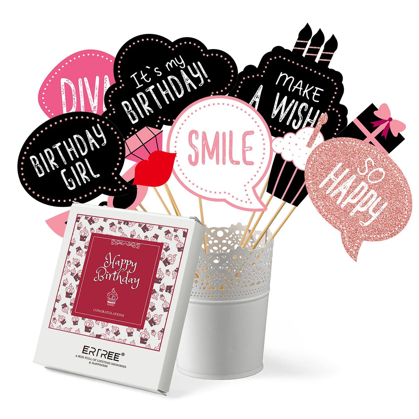 Birthday Photo Booth Props Kit - Happy Birthday Party Favors Supplies Bday Party Decoration Set with Real Glitter Cute Bday Designs for Women - Easy to Assemble 30 Pieces (Rose Gold)