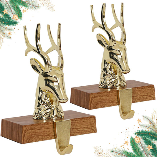 INNO STAGE Christmas Stocking Holders for Mantle Set of 2, 3D Reindeer Stocking Holders with Non-Slip Base, Stocking Hooks Hangers for Fireplace Shelf Table Festive Xmas Decorations (Durable Sturdy)