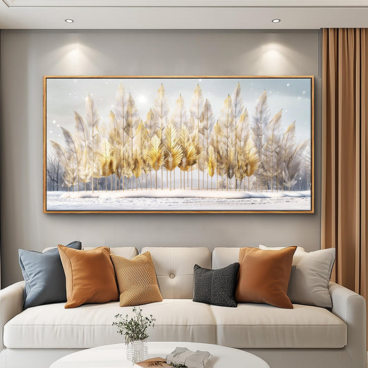 JUDASJART Large Wall Decor For Living Room Canvas Wall Art For Office Modern Wall Decorations For Bedroom Gold Feather Tree Snow Landscape Painting Farmhouse Pictures Artwork Room Home Decor 24x48 In