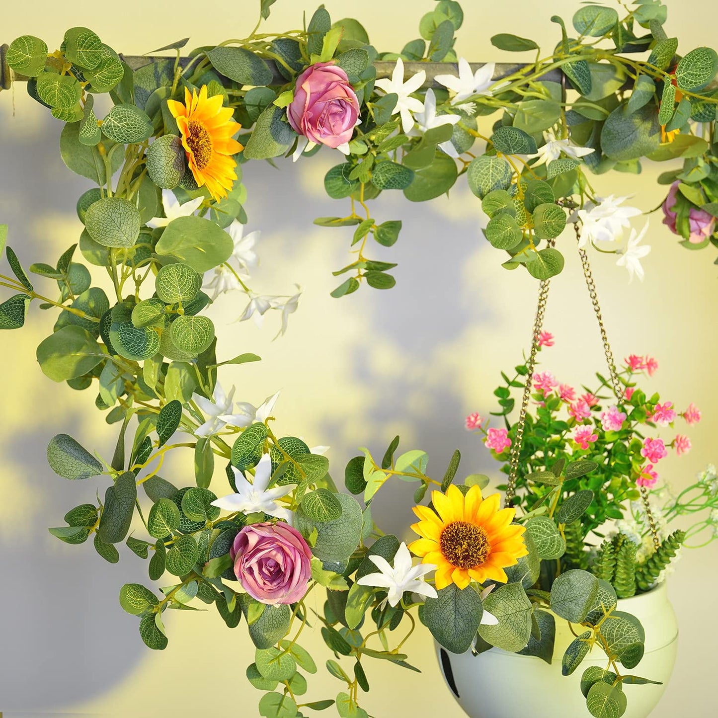 Naidiler Eucalyptus Garland with Flowers, Spring Decor for Mantle, Wedding Arch & Fireplace