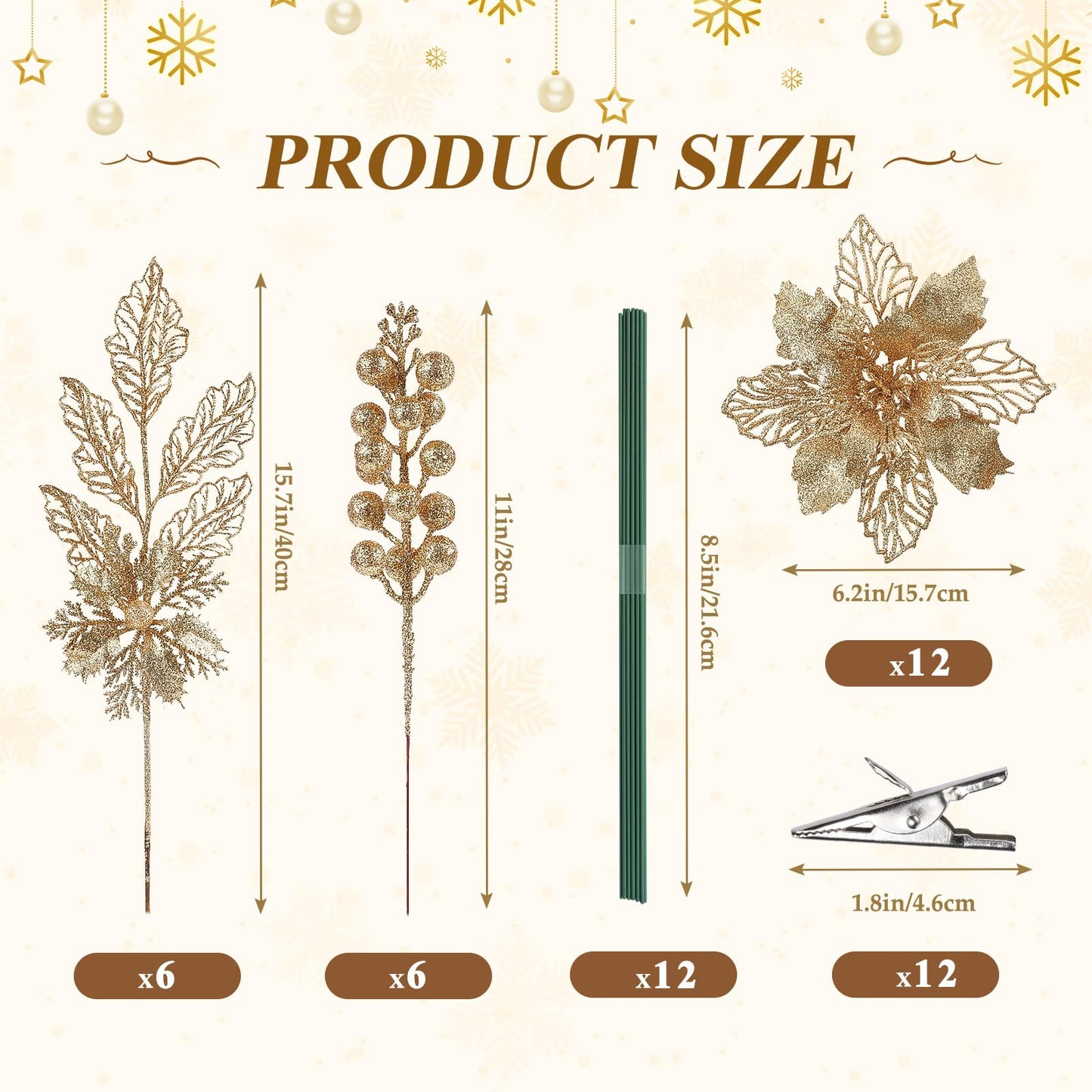 Alupssuc 24 PCS Christmas Tree Decorations, 12 PCS Poinsettia Flowers Artificial+6 PCS Glitter Holly Berry Stems+6 Berry Leaves Christmas Tree Picks for Party Wreath Fireplace, Champagne Gold