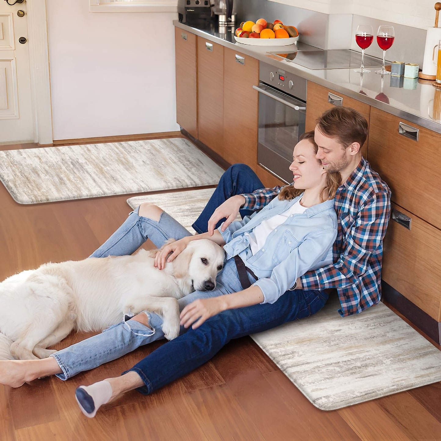 KIMODE Anti Fatigue Kitchen Mats for Floor 2 Piece, Cushioned Abstract Kitchen Rugs,Memory Foam Kitchen Floor Mats, Standing Desk Mats for Laundry, Office, Sink Light Brown Multi 17"x47"+17"x29"