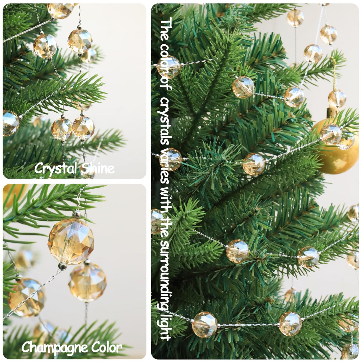 LEFERS 9.8Ft Crystal Glass Balls Christmas Garland,48 Beads 16mm Faceted Prism Beads Strands Hanging Ornament Decoration for Christmas Tree Centerpieces Wedding Party (Gold)