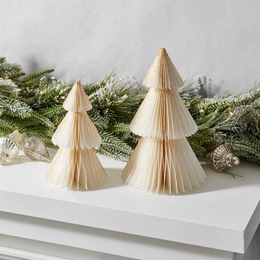LampLust Paper Christmas Tree Decor, 2 Pack Honeycomb Paper Trees, 6 & 8 Inch, White & Gold Glitter Edge, Holiday Table Centerpieces, Christmas Table Decor, Winter Decorations