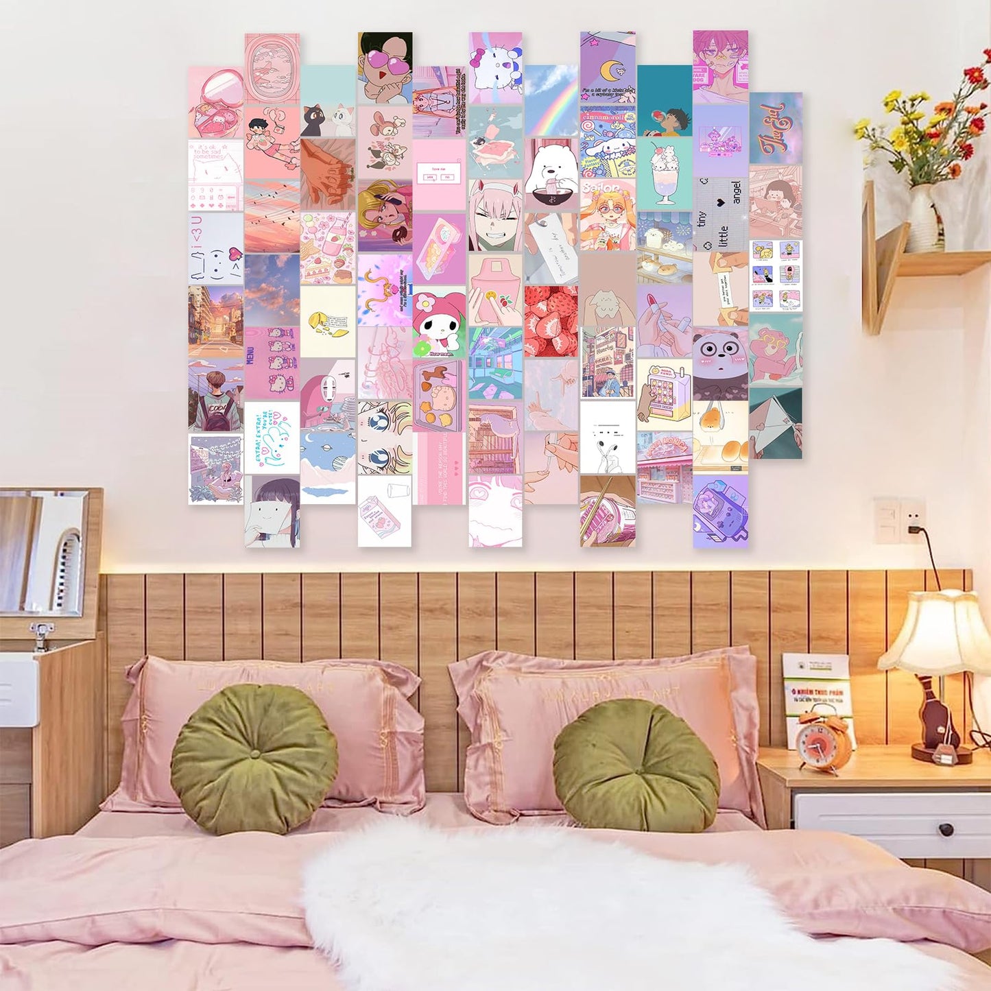 KBKBART Anime Aesthetic Wall Collage Kit, 70pcs Kawaii Room Decor, Pink Cartoon Assembled Print Card Set, Anime Photo Wall Collage Posters for Room Aesthetic, Cute Danish Pastel Wall Art 4x6 for