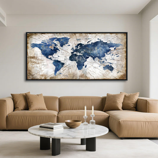 World Map Canvas Wall Art Navy World Maps for Wall Vintage Modern Wall Art for Office Framed Pictures for Living Room Bedroom Wall Decoration for Home Office Decor Artwork for Walls 20x40IN