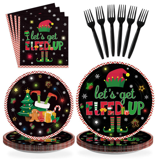 Greencian 96Pcs Winter Let's Get Elfed Up Party Decorations Santa Elf Paper Plates and Napkins Merry Christmas Disposable Tableware for Xmas Elf Party Decorations Supplies Serve 24
