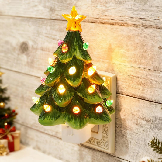 Lasumora Christmas Decorations, Ceramic Christmas Tree Night Light, 1 Pack Vintage Christmas Decorative Night Light with ON/Off Switch, Holiday Decor Indoor for Bedroom & Hallway