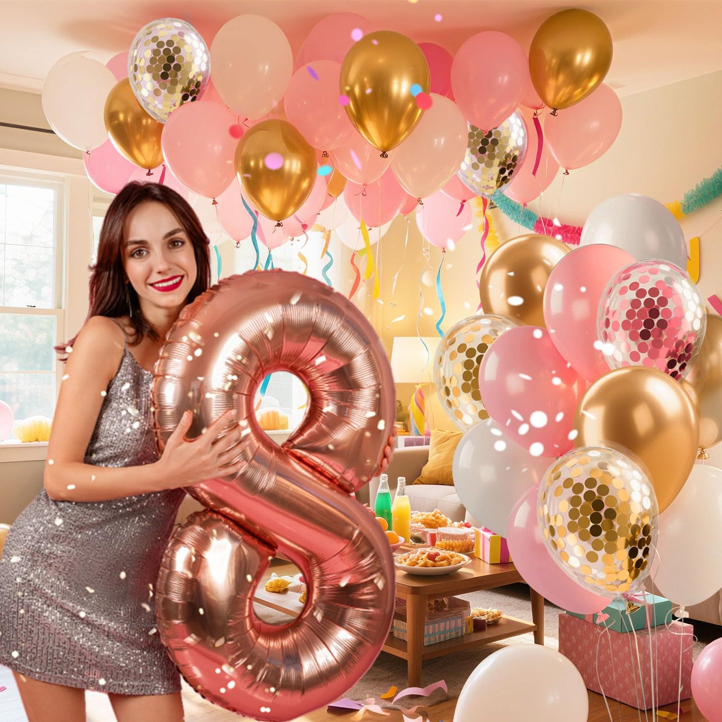 Pink Gold Confetti Balloons 12 inch White Pink Gold Birthday Balloons for Women & Girl Party Supplies for Baby Shower Wedding Bridal Shower Graduation Bachelorette Princess Party