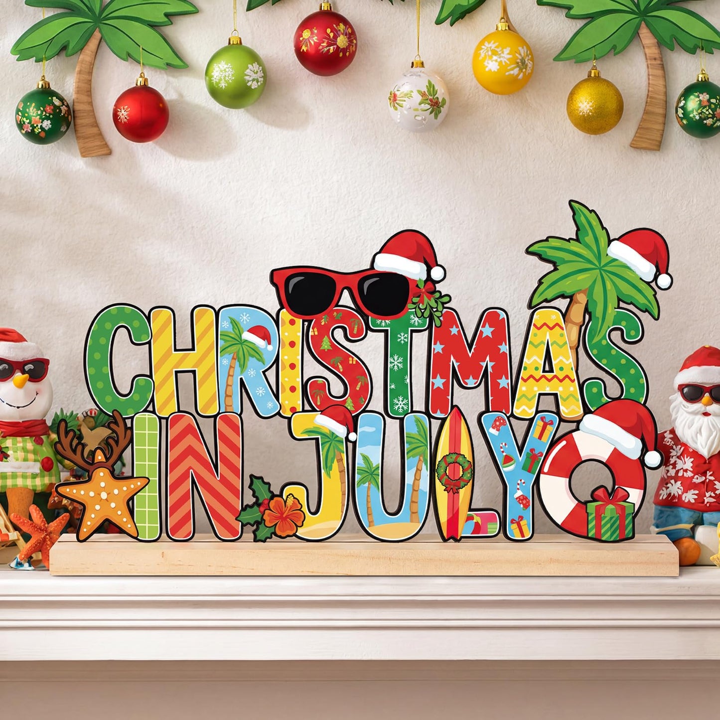 Roowest Metal Christmas in July Sign Tabletop Decor Summer Christmas Table Centerpiece Tropical Tiered Tray Decoration with Wooden Base for Home Office Desk Shelf Mantel Beach Party Gift