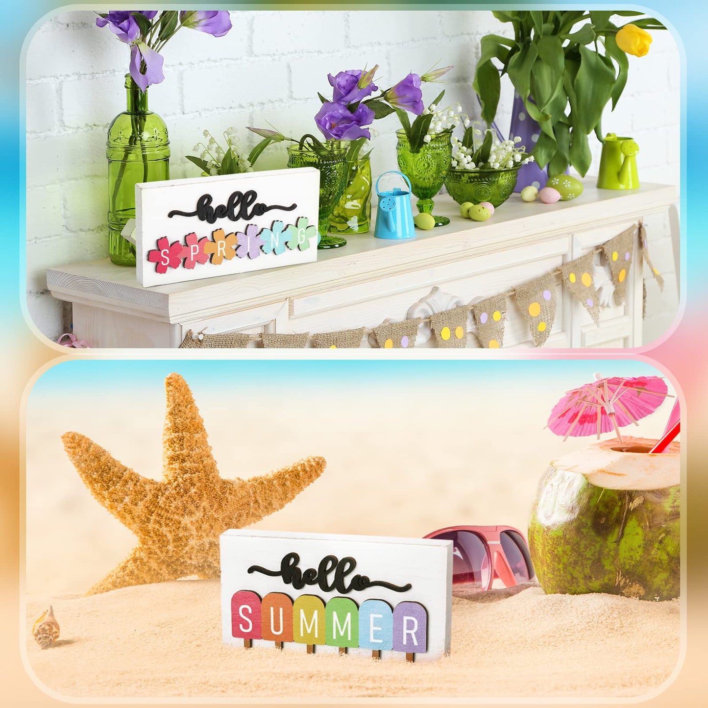 Roowest 5 Pcs Hello Spring Interchangeable Sign Seasonal Sign Summer Fall Winter Tiered Tray Decor 5.9 x 3 Inch Wooden 4 Seasons Farmhouse Table Centerpiece Decoration for Home Shelf Office(Fresh)