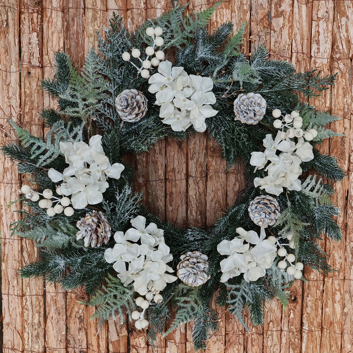 BINFEN 20” Glitter Pine Christmas Winter Wreath with Metallic Silk Hydrangea Pinecone & White Berry – Mixed with Norfolk Cypress Cedar & Spruce, Wreaths for Front Door Porch Mantel & Fireplace Decor