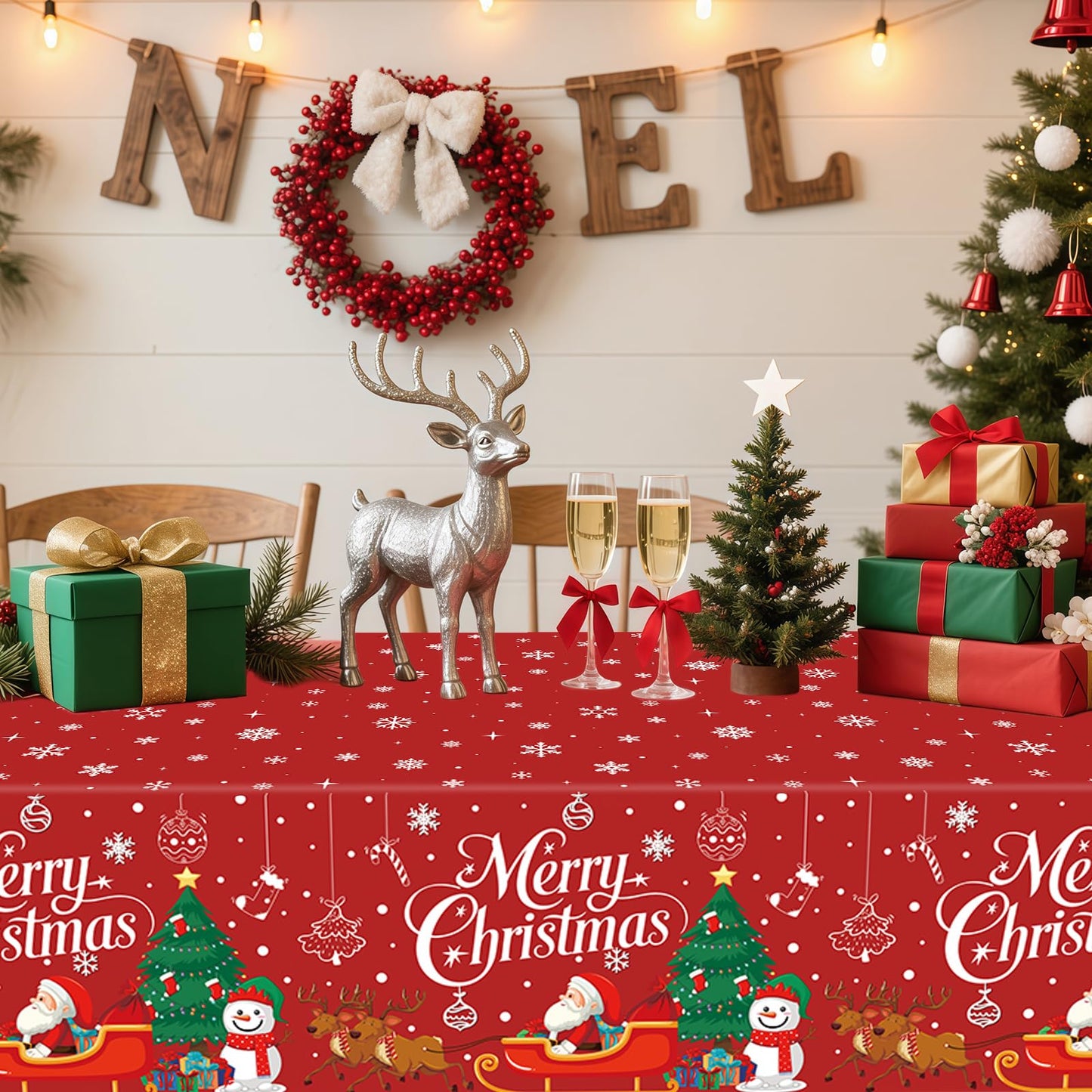 MEIDUO Christmas Tablecloth, 3 Pack 54" X 108" Red Christmas Disposable Plastic Table Covers, Rectangular Table Decor, Xmas Tree Snowman Snowflakes Designs for Winter Party Decorations