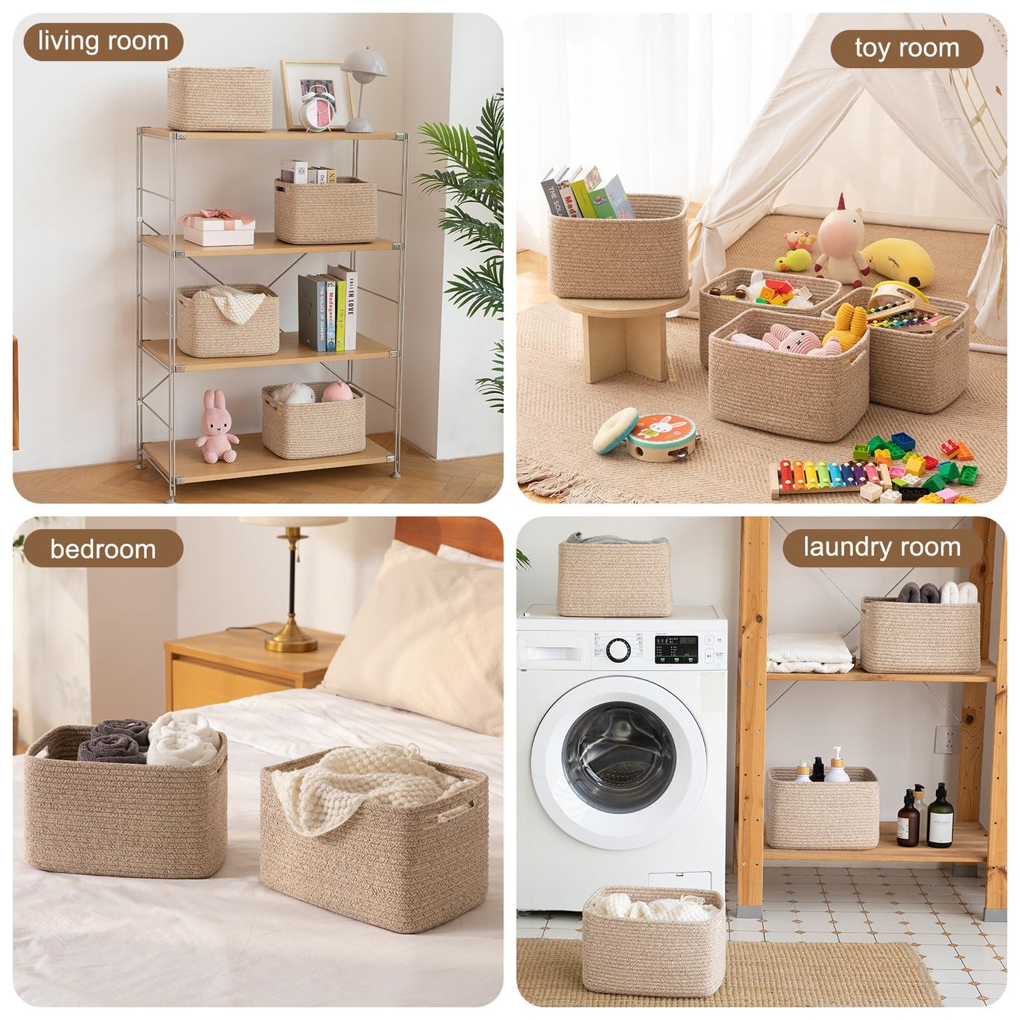 OIASKET Storage Baskets for Organizing, Woven Decorative Baskets for Shelves - Books, Towels, and Clothes, Cotton Rope Toy Storage Bins, 12.7''Lx9''Wx7.8''H, Pack of 4, Brown