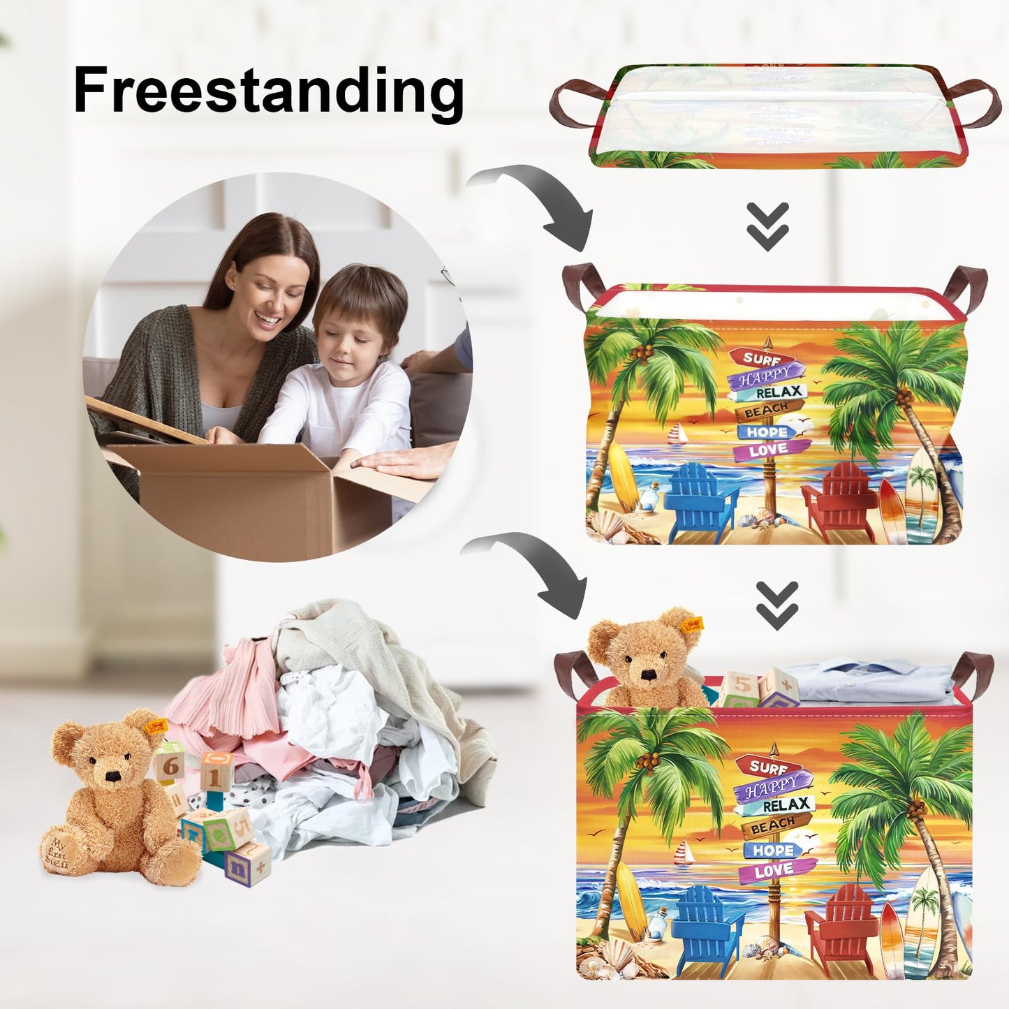 Clastyle Summer Beach Towel Storage Basket Palm Tree Lounger Kid Gift Toy Box Baby Laundry Hamper Collapsible Large Clothes Organizer Nursery Bin for Outdoor, Seashores, 40 * 30 * 30 cm