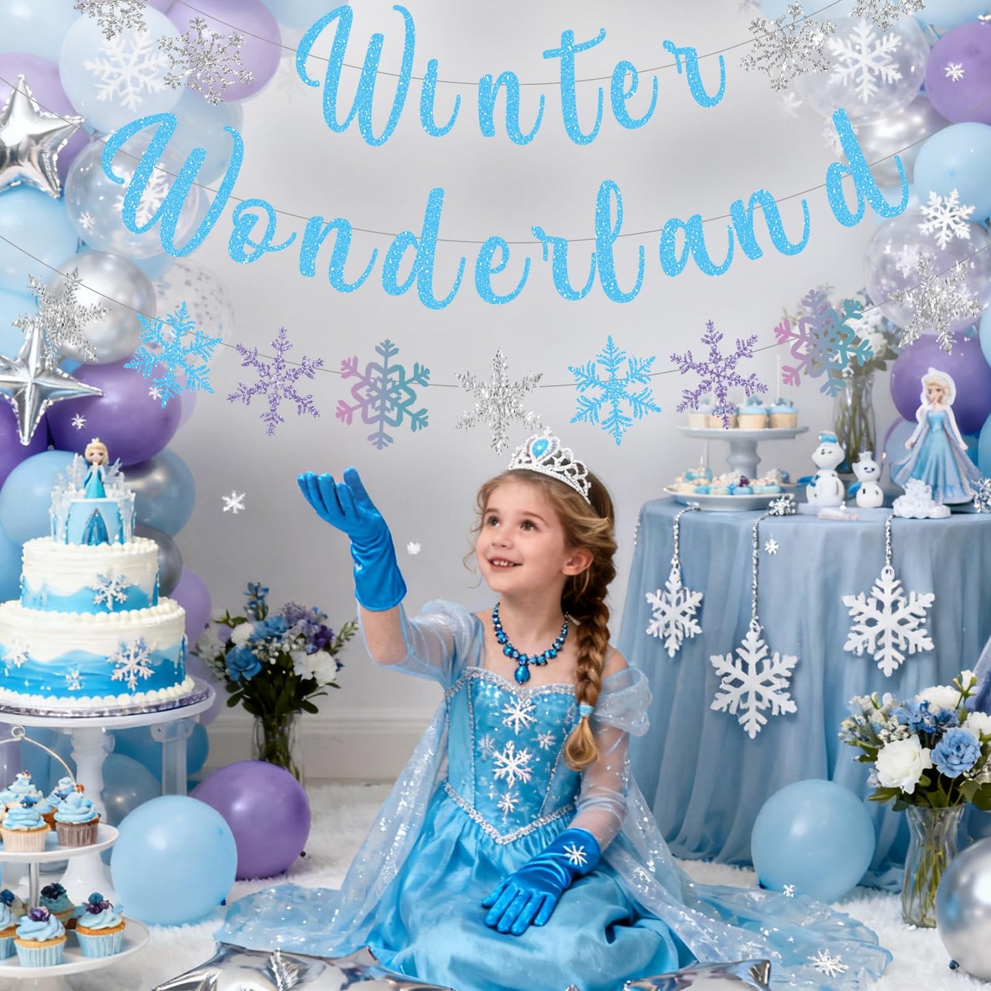 Pre-Strung Winter Wonderland Banner Glitter Snowflake Garland Christmas Decoration Banner for Home Wall Mantle Decor Winter Holiday New Year Party Supplies (Blue)