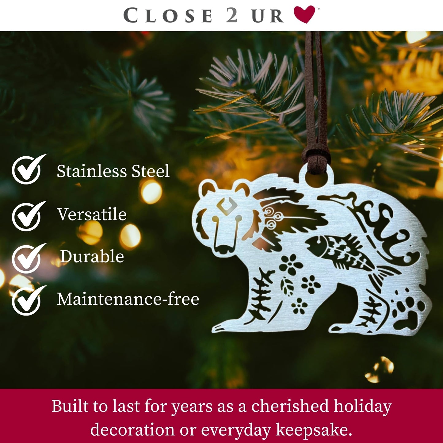 Spirit Bear Collectible Stainless Steel Ornament Keepsake | Holiday Decoration, Window Ornament, Hanging Decoration | Symbol of Courage & Protection | Handcrafted Gift | Made in USA