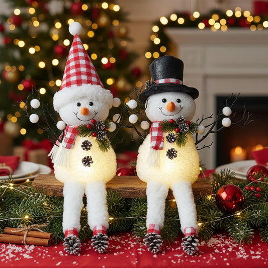MWDJPXY 2 Pack Christmas Table Decorations, 18" Lighted Plush Snowmen Christmas Trees with Pine Cone Twigs, Light Up Snowman Holiday Present, Xmas Party Gifts Tabletop Ornaments (Red and White)