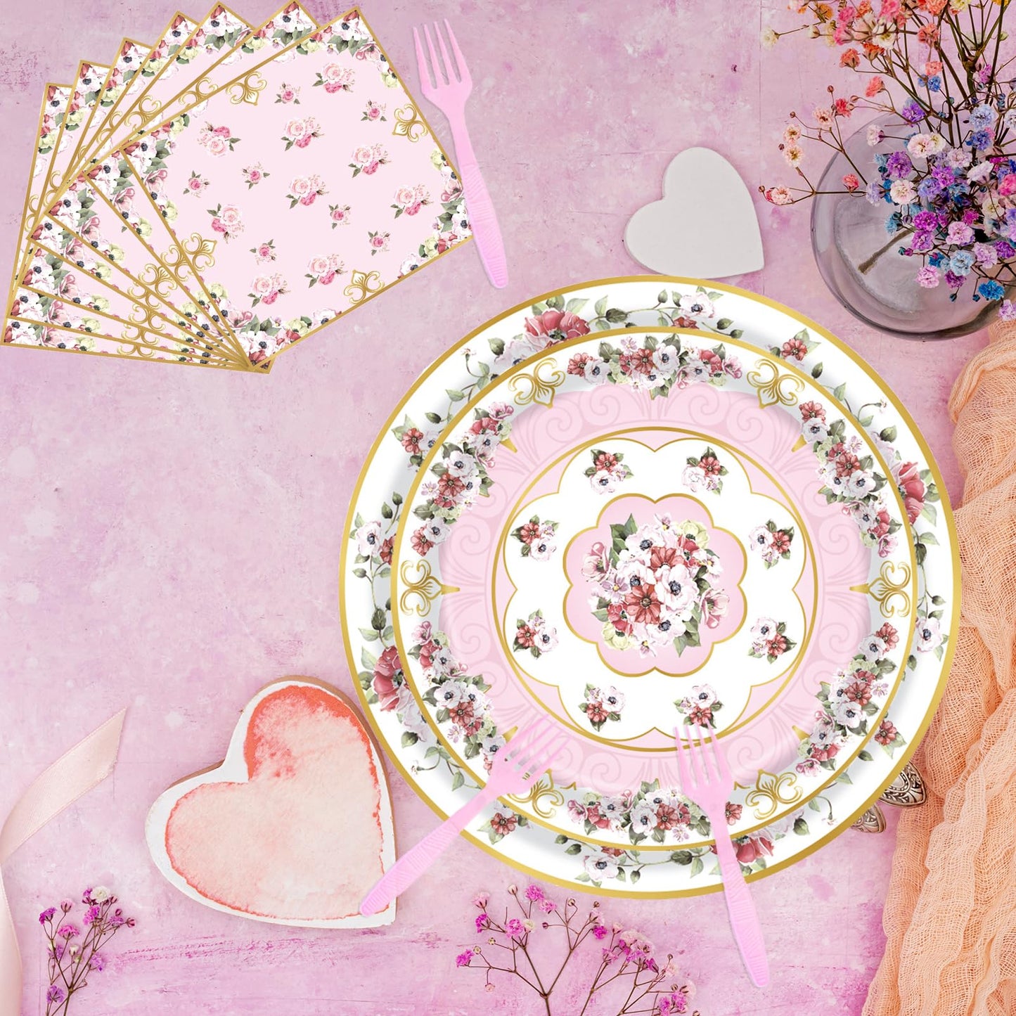 Fyeoxle 96pcs Floral Party Supplies Flower Paper Plates and Napkins Tableware Set for 24 Guest Floral Party Disposable Paper Dinner Plates Napkins Forks for Birthday Bridal Shower Tea Party Supplies