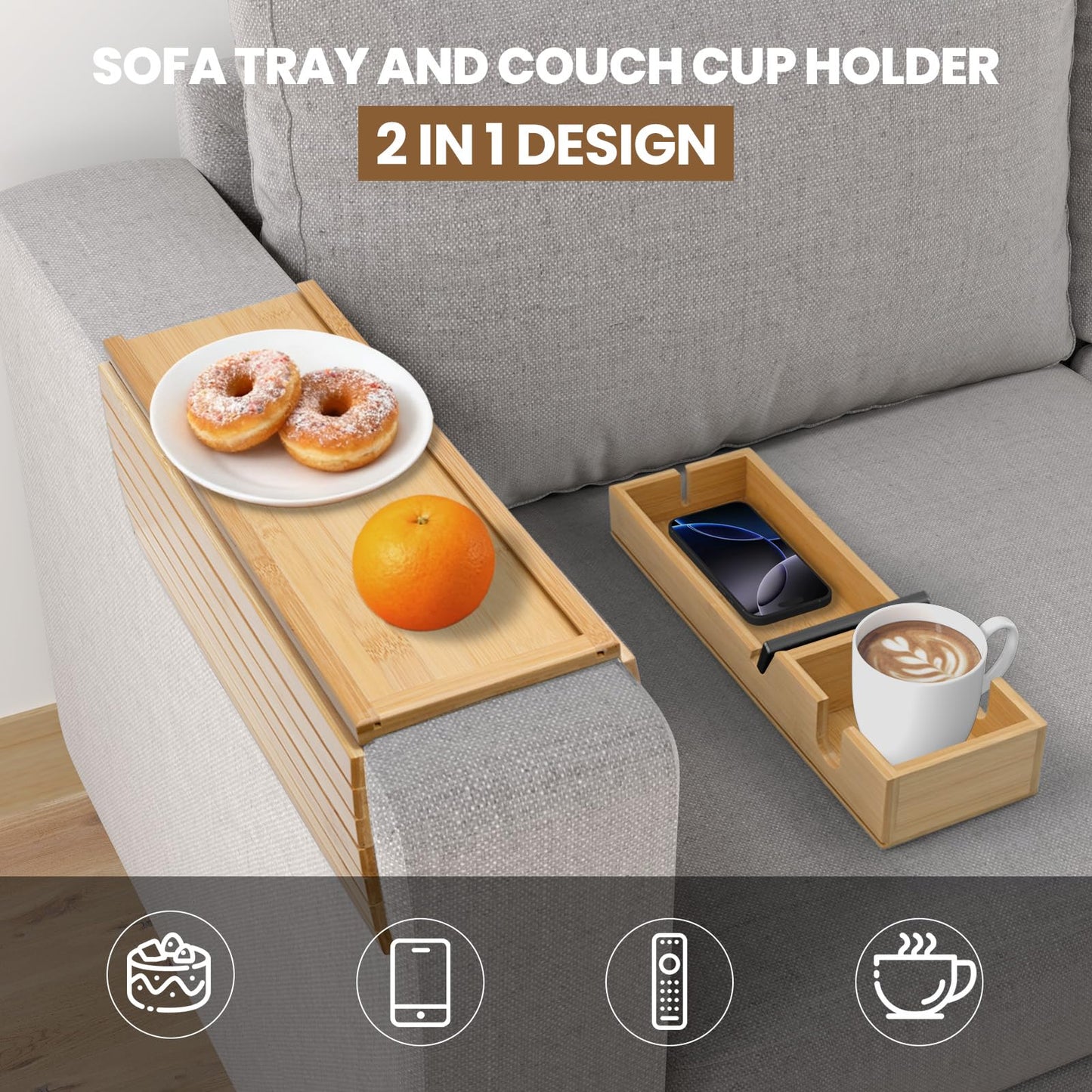 Bamboo Sofa Armrest Tray - Couch Arm Tray with Detachable Couch Cup Holder - 2 in 1 Anti-Slip Foldable Sofa Armchair Caddy Table - Cup Holder for Drinks Cellphone Snacks, Remote