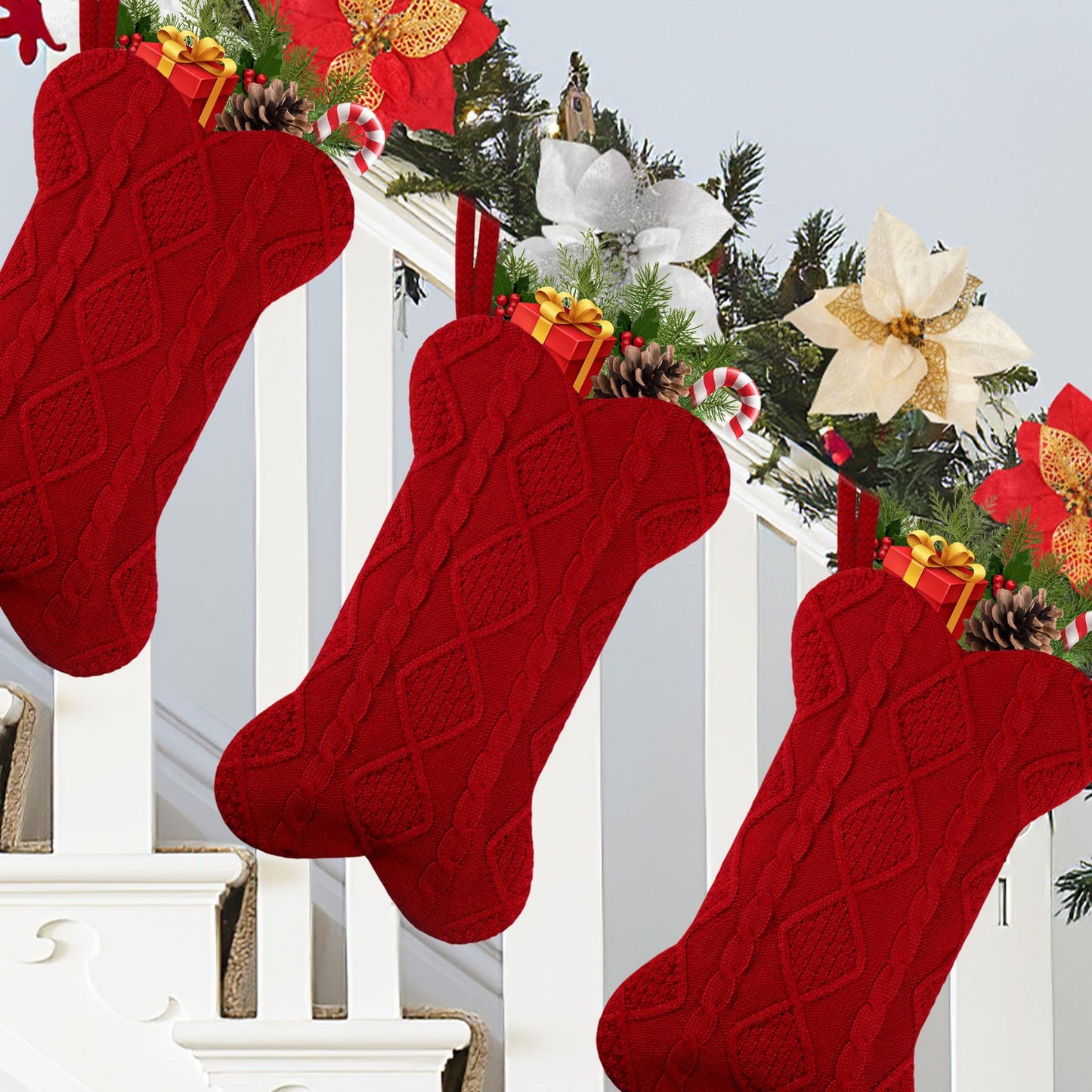 GOYOSWA Dog Christmas Stocking, 18 Inch Large Double Side Knitted Christmas Stocking for Dogs, Bone Shaped Hanging Dog Stocking for Dogs Pets (Red)