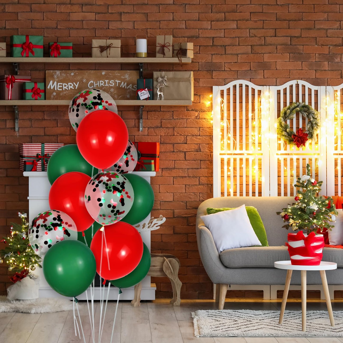 Red and Green Balloons 50 Pcs 12 Inch Christmas Latex Balloons Set Green Red Confetti Balloons with 2 rolls of ribbon for Christmas Holiday Party Decoration