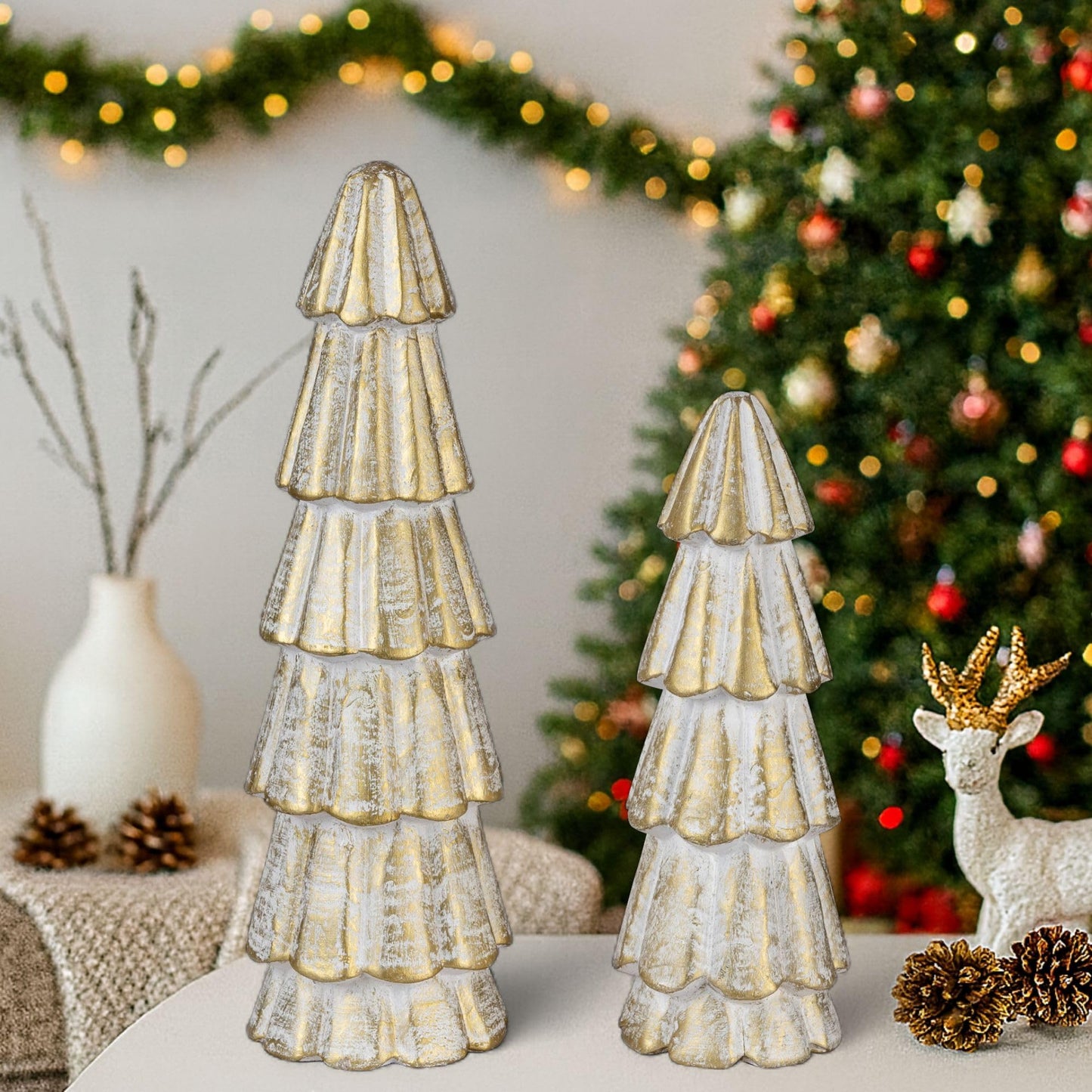 Mie Creations Christmas Tree Figurines, Set of 2 Wooden Decorative Trees for Home, Living Room, Table Centerpiece, Fireplace Mantel, Xmas Indoor Decor, Elegant White & Gold Christmas Trees-11,8 inch