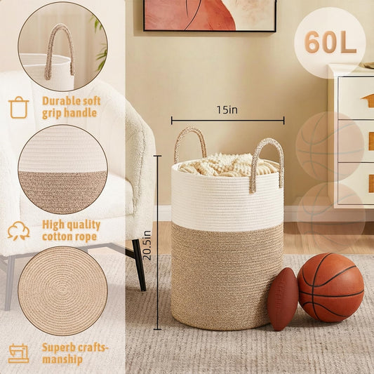 Artfeel Laundry Basket,Woven Cotton Rope Laundry Hamper,60L for Decor Storage of Dirty Clothes,Toys and Blankets in Bathroom,Baby Room and Living Room