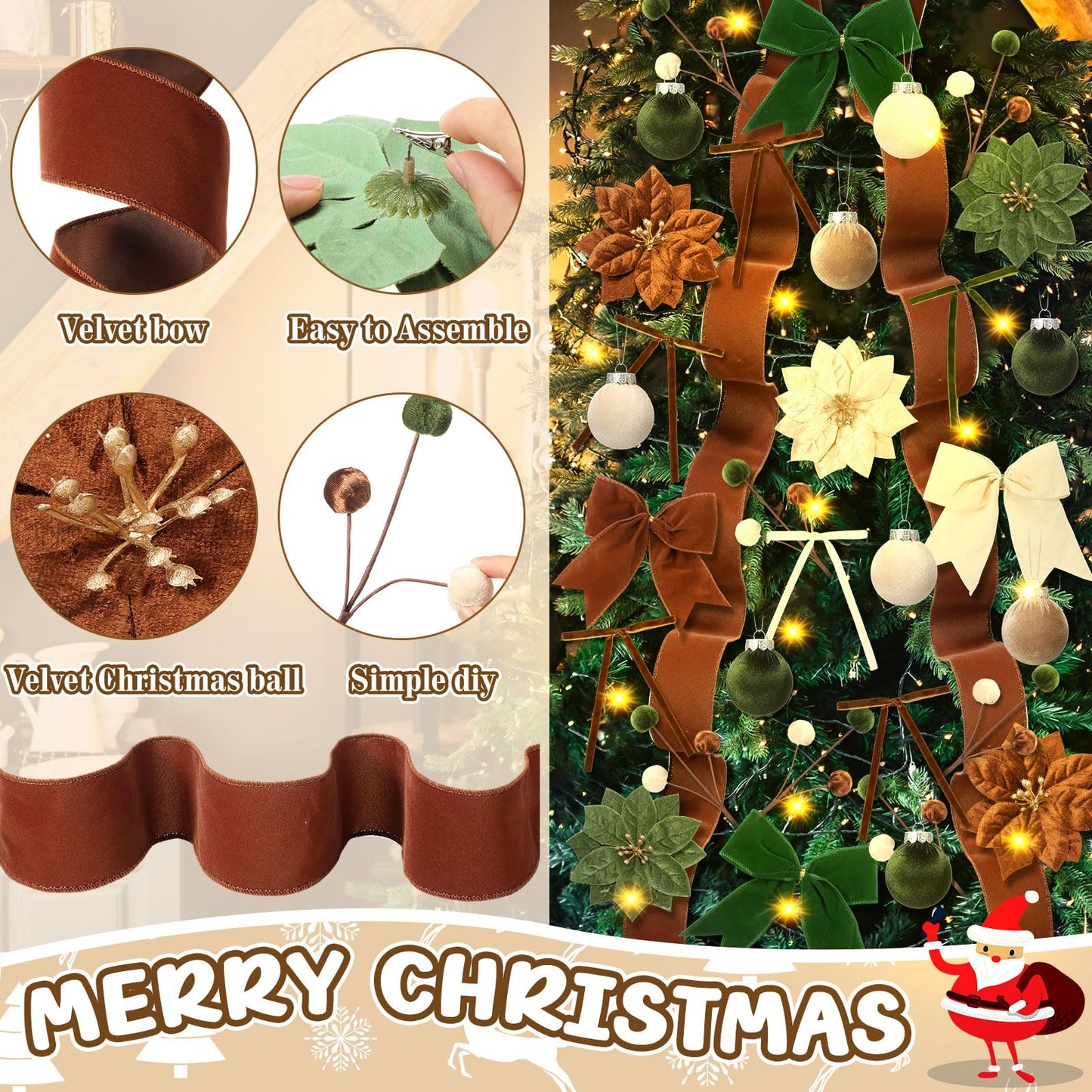 Hungdao 57 Pcs Christmas Velvet Ornament Kit 12 2.4" Velvet Balls 24 4.7" 5.9" Bow 6 4.7" Poinsettia 5.5 Yds Wide Ribbon Star Topper Lights 12 Picks for Xmas Tree Holiday Decor(Beige,Dark Green,Brown)