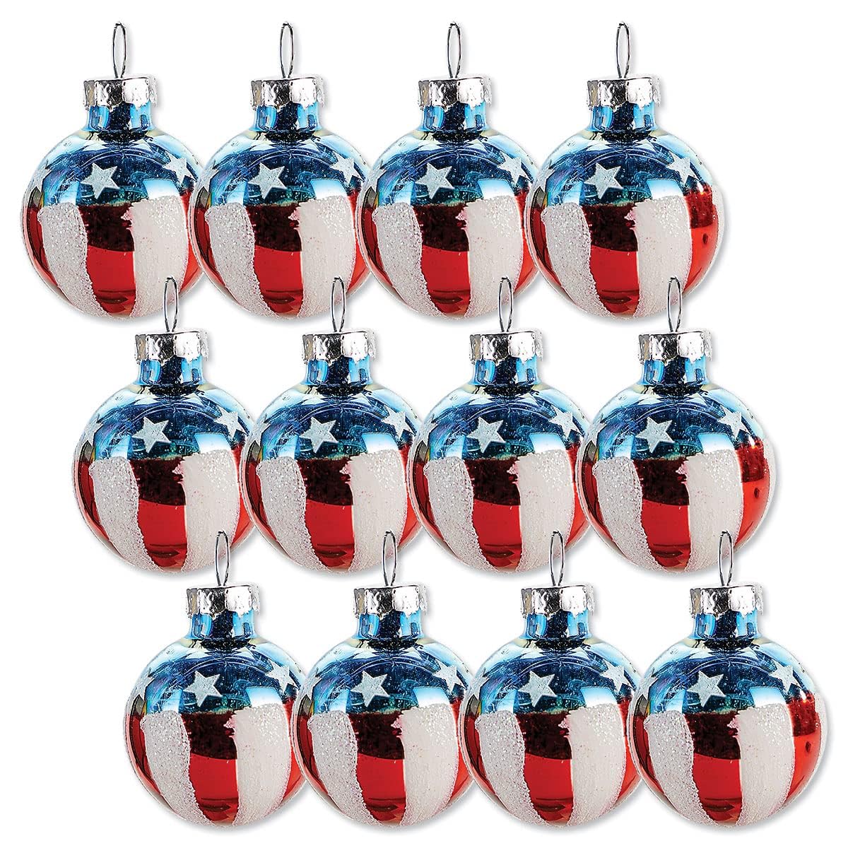 Lillian Vernon Americana Blown Glass Patriotic Ornaments - Handcrafted Hanging Tree Decorations, Round Americana Holiday & Party Decor, Red, White & Blue, 12-Piece Set
