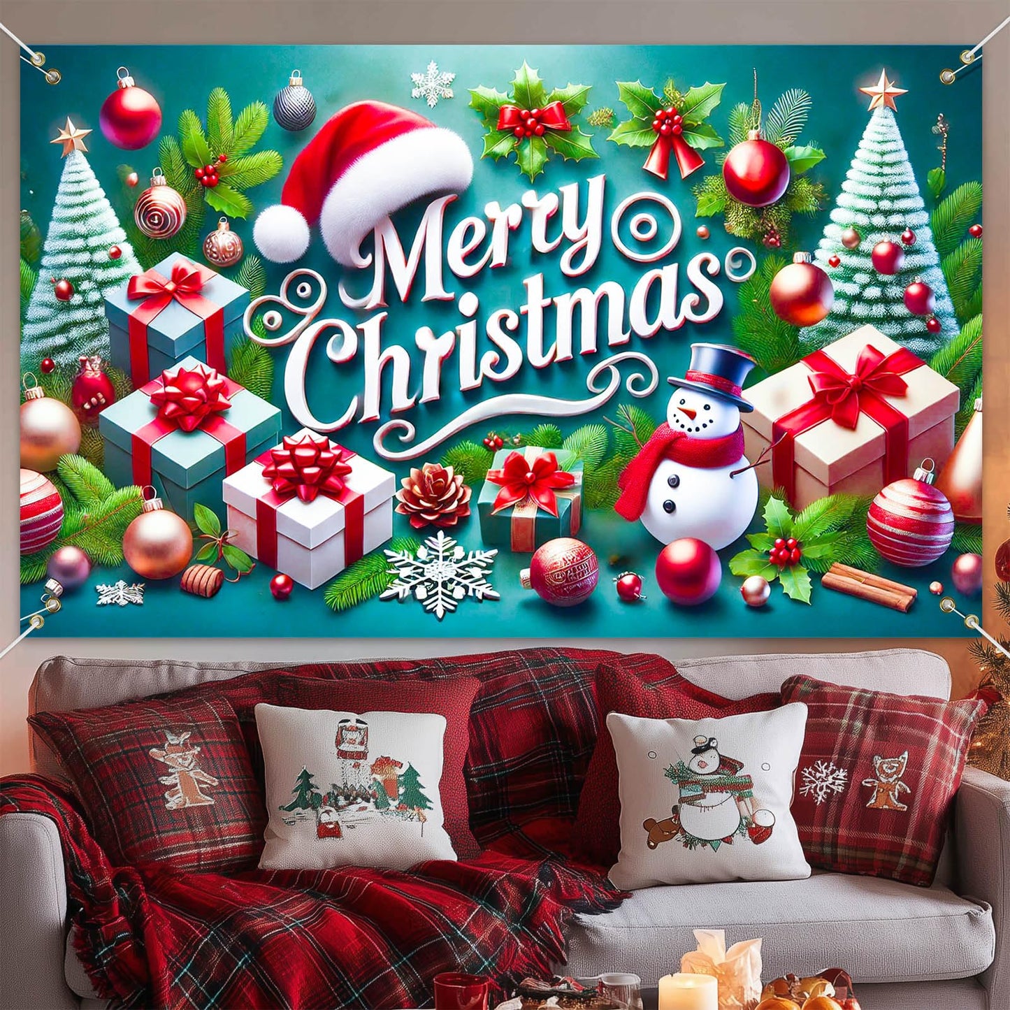 BlissYard Christmas Banner Merry Christmas Snowman Gift Tree Backdrop Green Red White Holiday Wall Decoration Party Photo Prop Indoor Outdoor Scene for Home Office 71 X 43 Inches