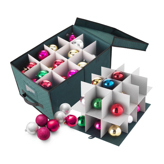 Ornament Storage Box - Flip Top Organizer Cube With 24 Individual Compartments and Dividers - For Christmas Bulbs and Decorations by Elf Stor (Green)