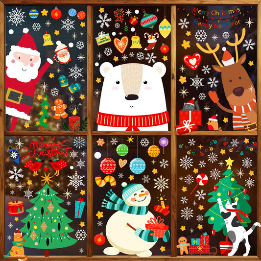 Christmas Window Clings Decorations, Xmas Stickers for Glass Windows, Fun Gift for Kids, Cute Decal Decor with Santa, Polar Bear, Snowflakes, 8 Sheets