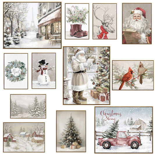 JJY Vintage Christmas Wall Art Prints Set of 12 -Winter Christmas Wall Art Posters Decor -Santa Xmas Tree Forest Snow Scene Street Christmas Aesthetic for Home Living Room Bedroom Decoration (Unframed)