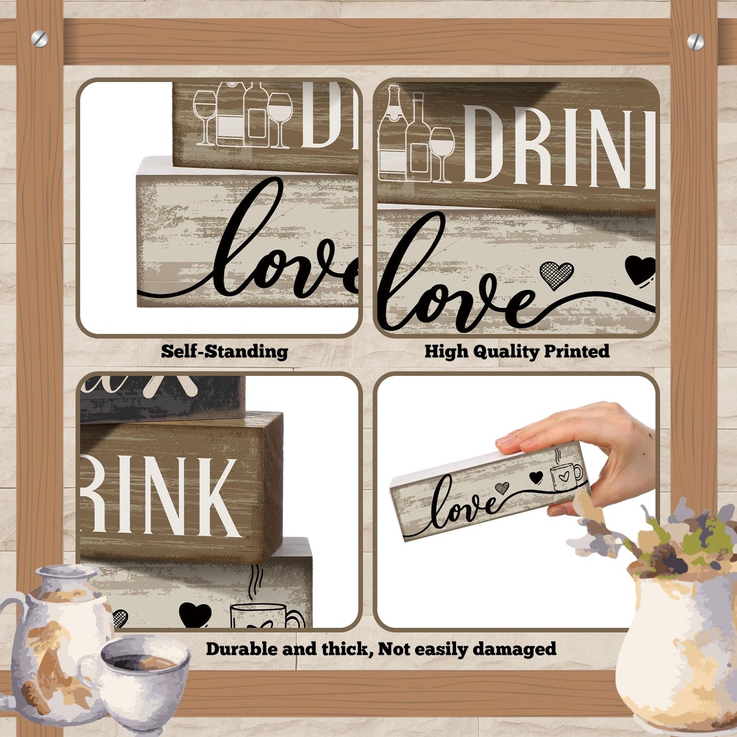 Moucuny 4 Pcs Farmhouse Kitchen Decor Wooden Plate Farmhouse Table Decor Black Brown and White Plate Tableware Centerpiece Rustic Decorative Plates Block Sign for Display Cabinet Kitchen Decoration