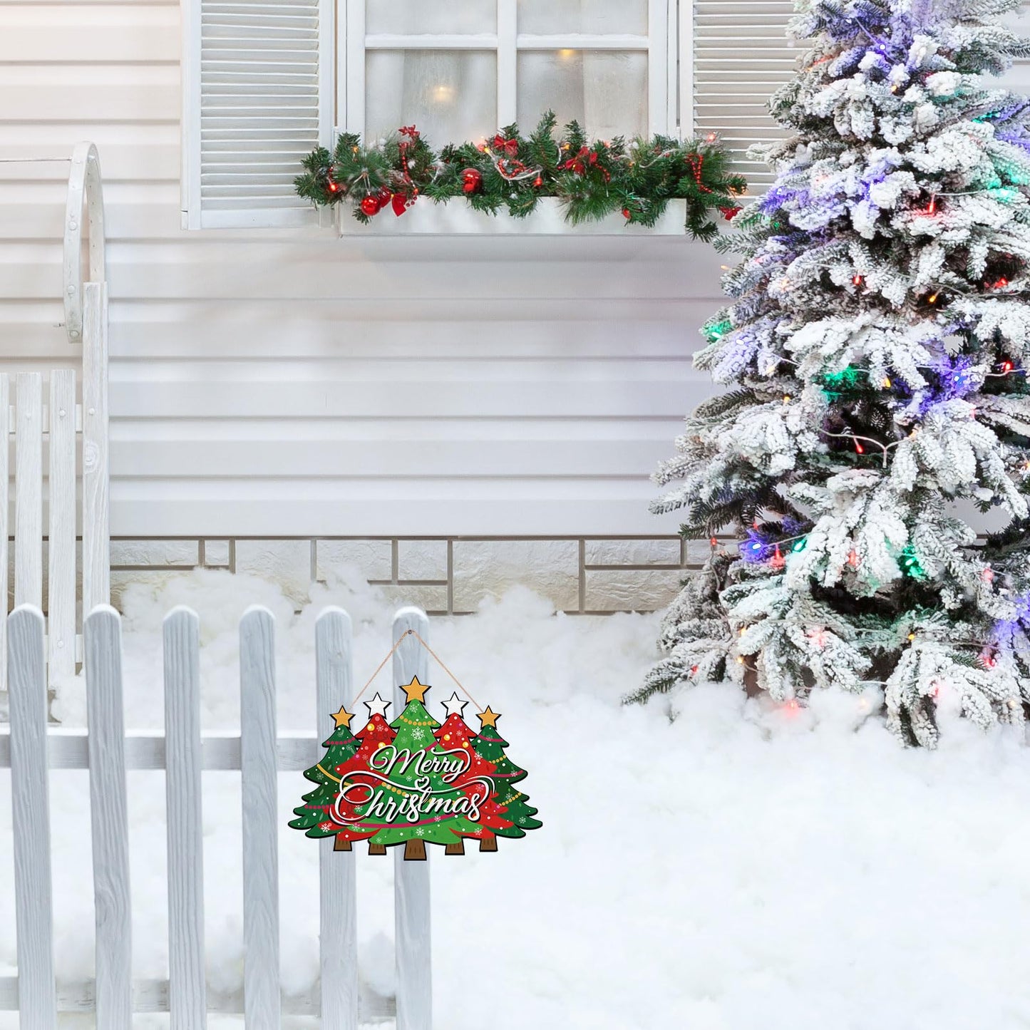 Merry Christmas Door Sign,Christmas Decor, Tree Wood, Decorations Hanging Sign,Merry Welcome Sign,Farmhouse Hanging Plaque Porch Xmas Front Outdoor Home Decor