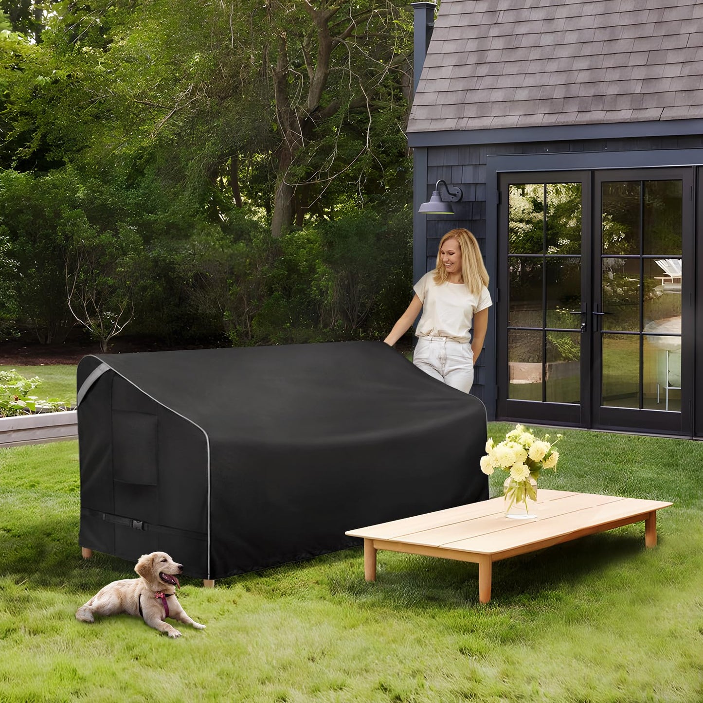 COSFLY Outdoor Patio Sofa Covers Waterproof, Heavy-Duty UV-Resistant Furniture Covers, Adjustable Fit with Buckle Straps, Fits 3-Seater Sofa up to 79"W x 38"D x 35"H ( Black)