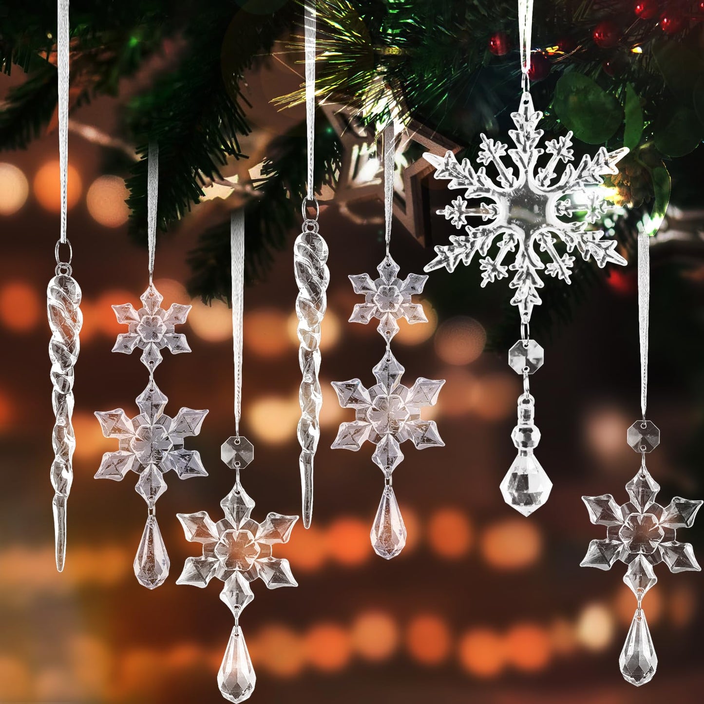 FOIMAS 25pcs Christmas Snowflake Icicle Ornament,Clear Acrylic Icicle Snowflake Drop Pendant Crystal Hanging Ornaments with Ribbon for Christmas Tree Home Decoration