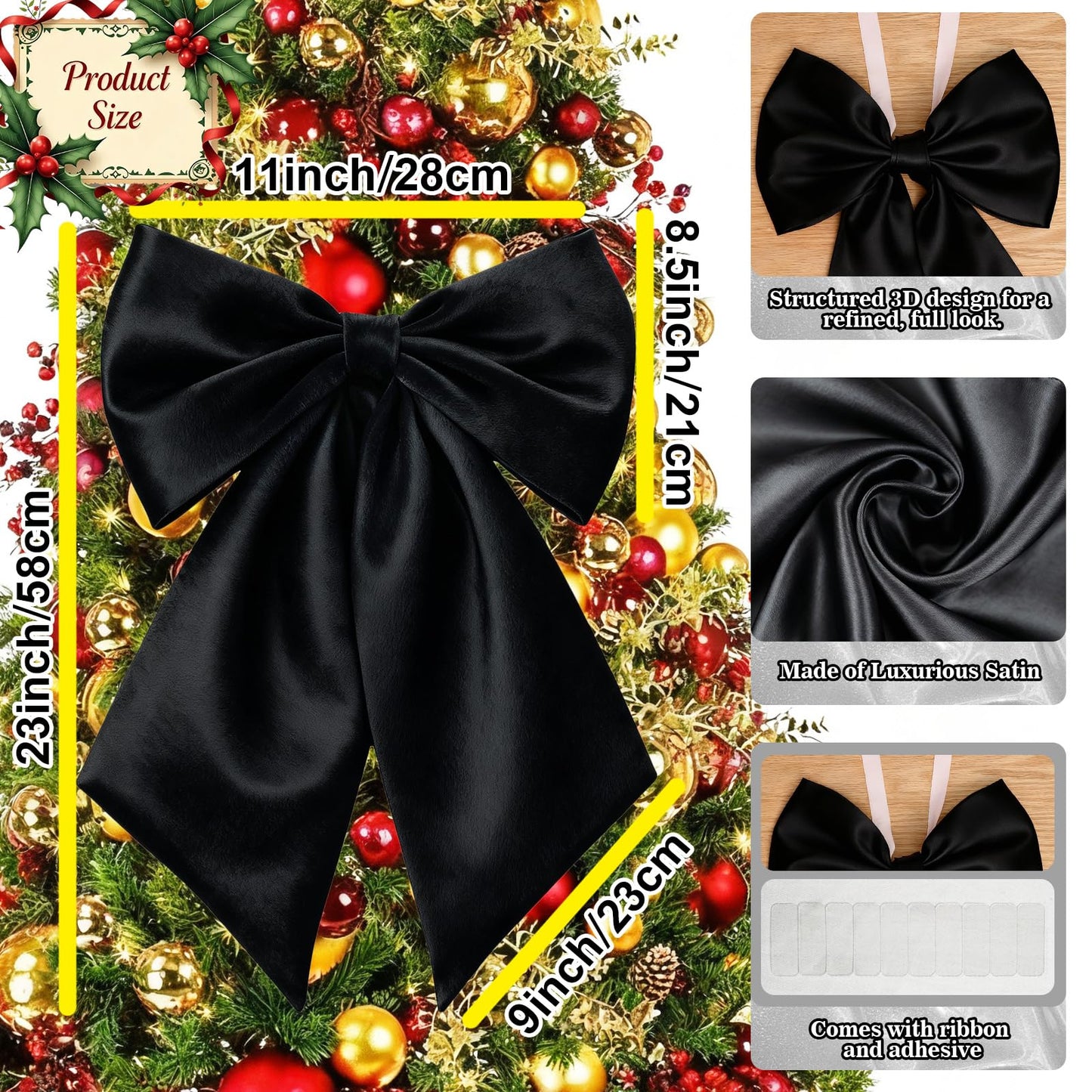 Froova Black Bows Decor 22×11 Inch Big Black Bows Decoration Background for Crib Christmas Tree Topper Bachelorette Coquette Baby Bridal Shower Wedding Xmas Valentine's Day Bows for Car (3 Pack)