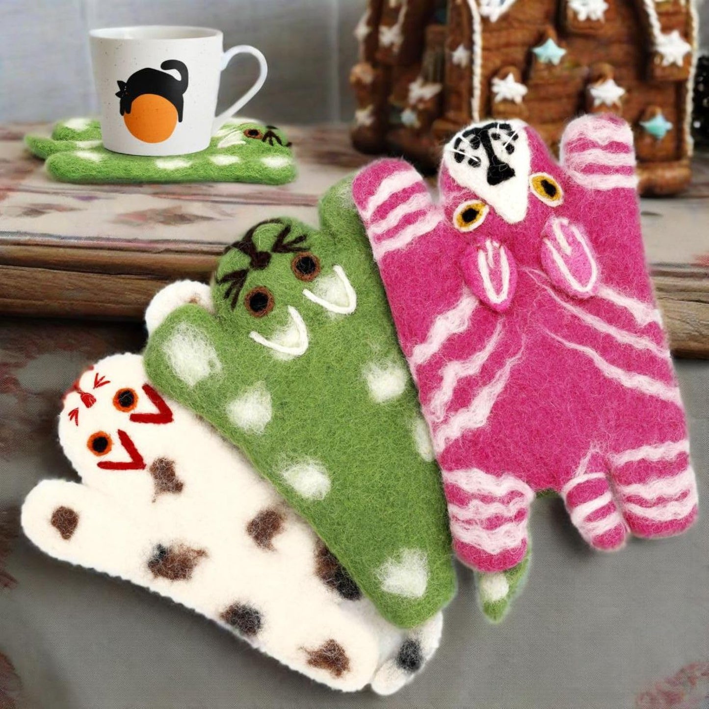 Handmade Wool Felt Cat Coasters Set - 3 Adorable Cats - Shaped Drink Coasters,Non-Slip Cup Mats for Cat Loves, Cute Kitty Design for Coffee Table, Desk, and Home Decor (Eco-Friendly & Absorbent)