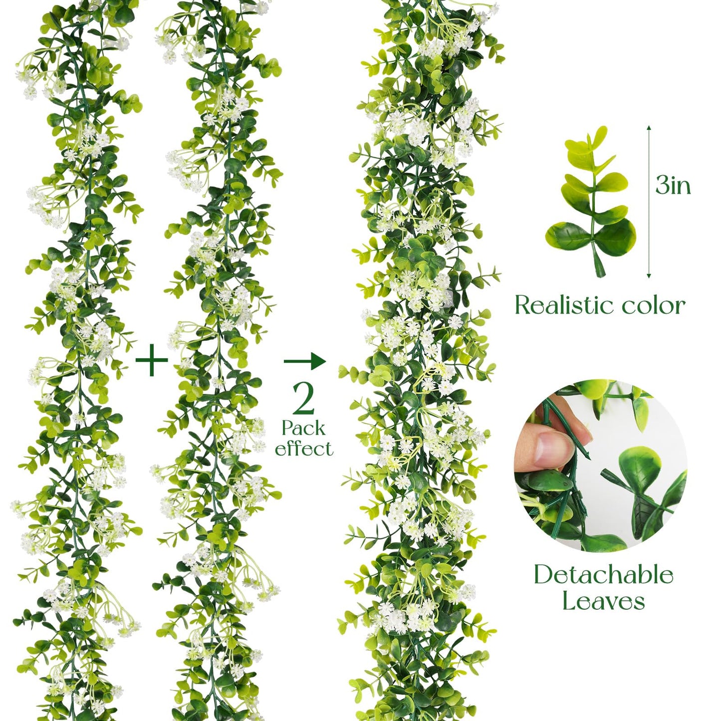 HIAGROW 6FT Eucalyptus Garland with Flowers, 2 Pack Artificial Greenery Garland Hanging Spring Eucalyptus Garland Suitable for Table Wedding Backdrop Arch Wall Party UV Protected Indoor Outdoor Decor
