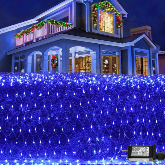 QITONG Net Lights Outdoor Mesh Lights, 12ft x 5ft 360 LED Blue Christmas Light with 8 Modes, Connectable Clear Wire Bush Light Plug in
