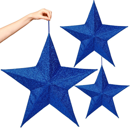 Christmas Large Hanging Ornaments, 3Pcs Star Ornaments for Indoor Outdoor Yard Hanging Ornaments Holiday Fabric Covered Hanging Decorations for Xmas Tree Porch Yard Decor Blue