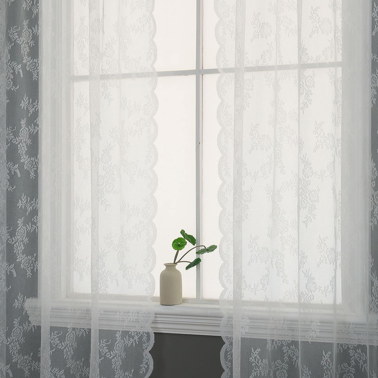 Beruyu White Lace Curtains 90 Inches Long - Floral Embroidered Lace Sheer Curtains for Living Room Bedroom Kitchen, Rod Pocket Window Voile Curtains with Curtain Tiebacks, 2 Panels (59" W X 90" L)