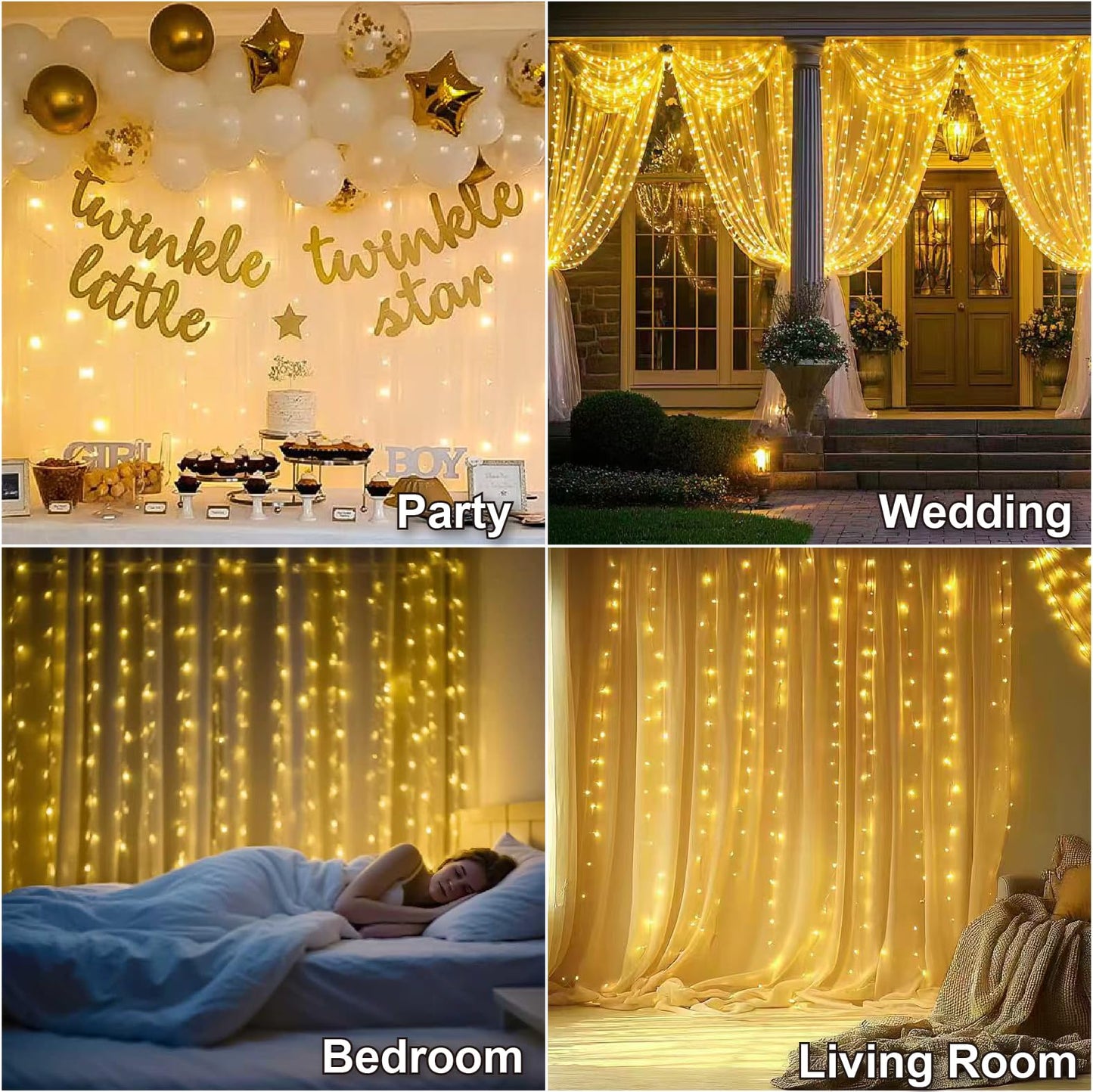 SINAMER Warm White Curtain Light for Bedroom, 300 LED 9.8ft x 9.8ft Window Fairy Curtain String Light with 16 Hooks, 8 Models Remote Control for Wedding Party Home Garden Indoor Decorations