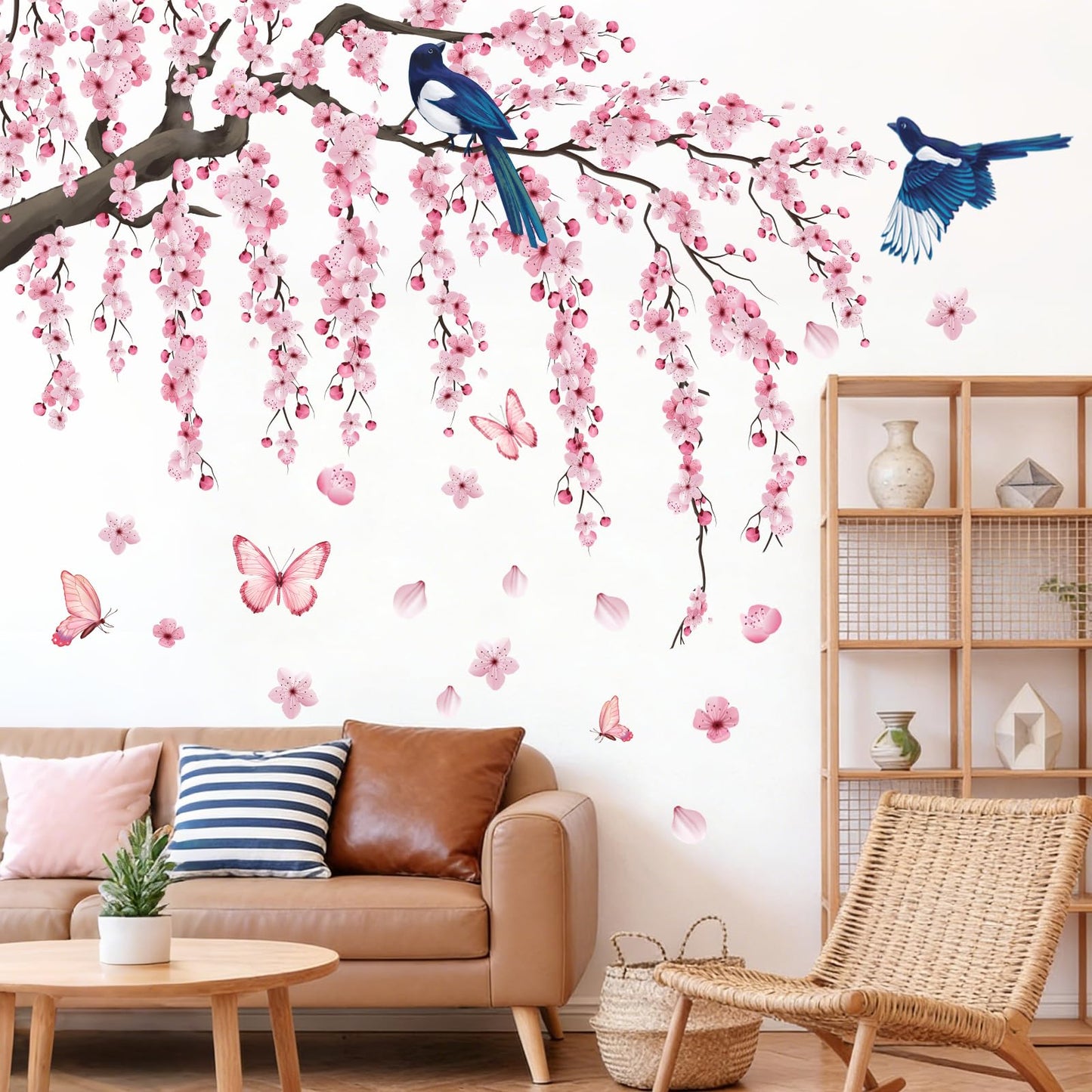 Cherry Blossom Wall Decals Stickers - Tree Floral Birds Wall Stickers Spring Pink Peel and Stick Wall Murals Decor for Living Room Bedroom